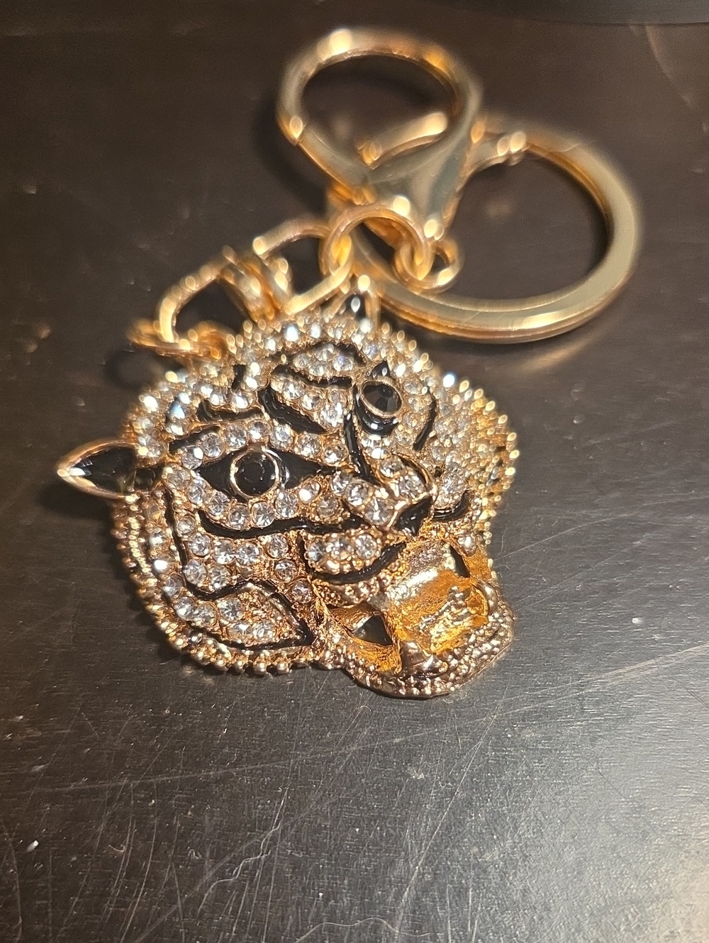 Gold Tiger Head Crystal Keychain Pendant